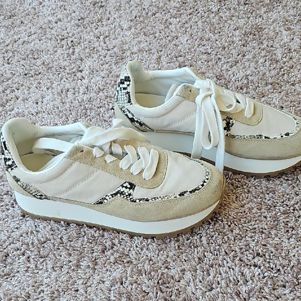 ZARA Platform Stylish White and Tan Sneakers with Snakeskin Detail